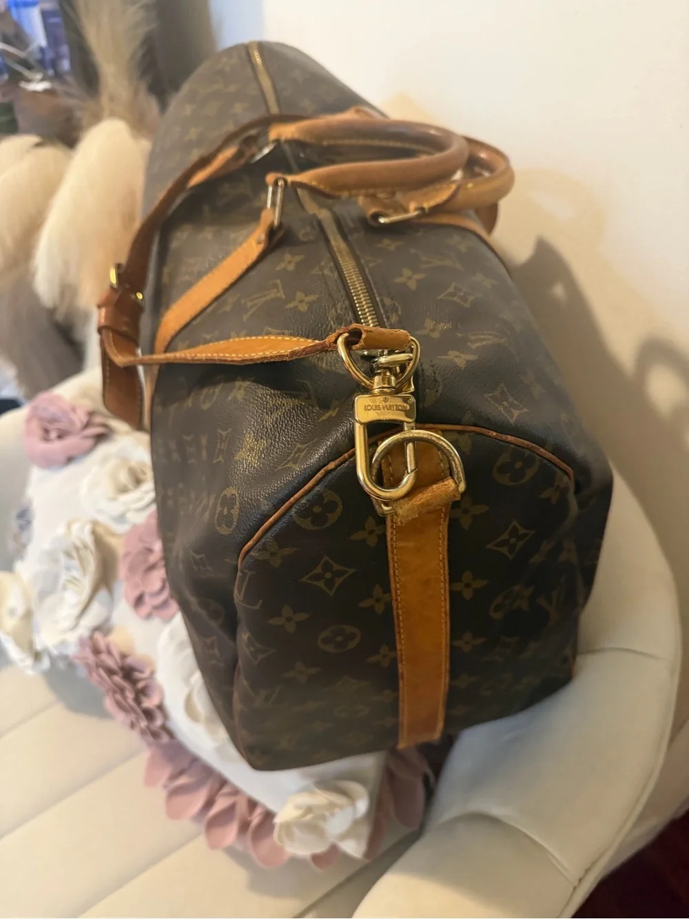 Louis Vuitton Brown Monogram Canvas Duffel with Tan Leather Handles